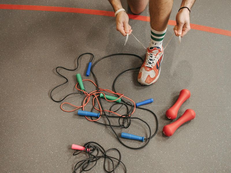 Professional training equipment and sports shoes on a gym floor